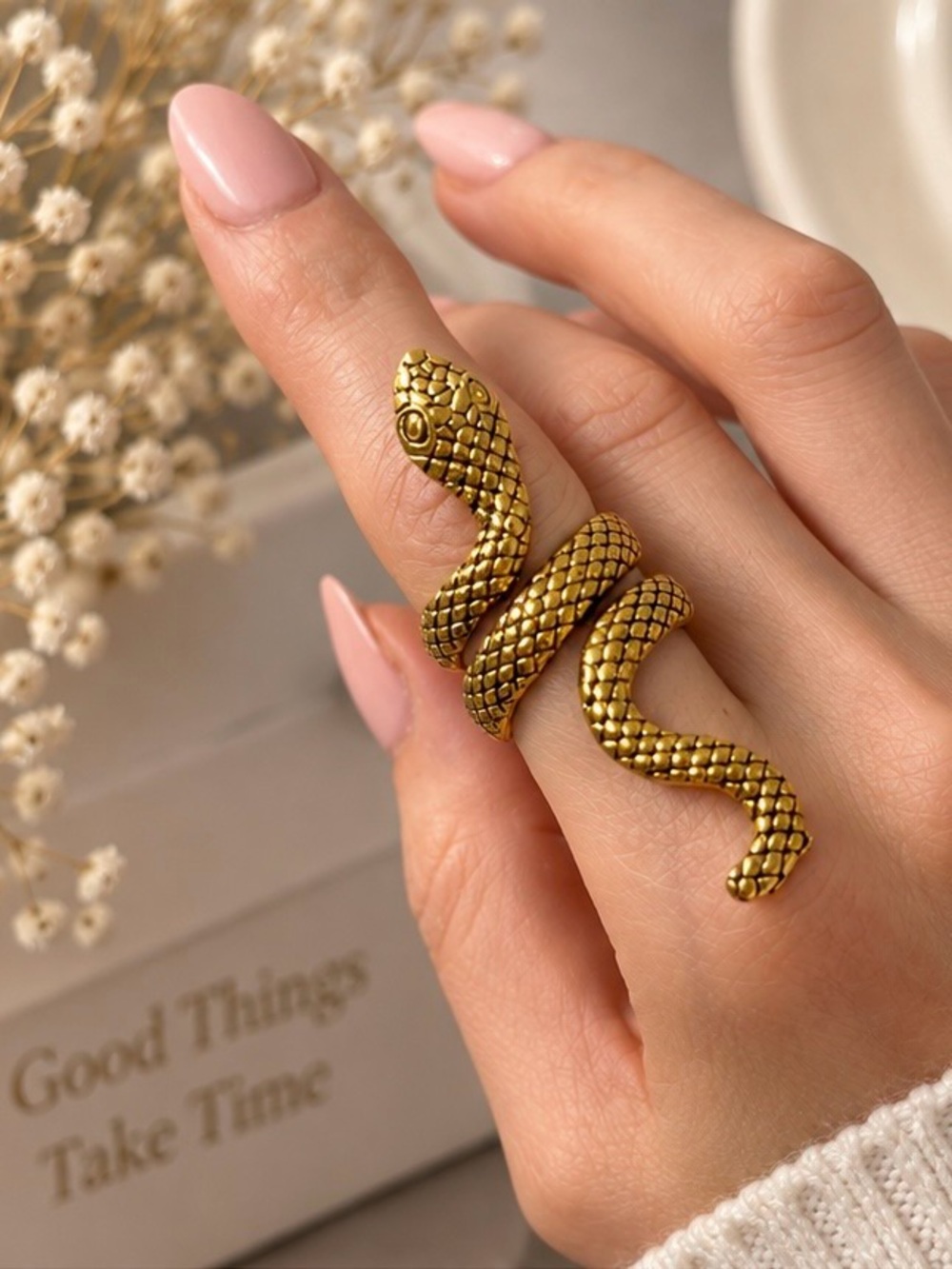 Gold tone Coiled Snake Statement Ring/ Adjustable Serpend Ring/ Boho Gothic Jew